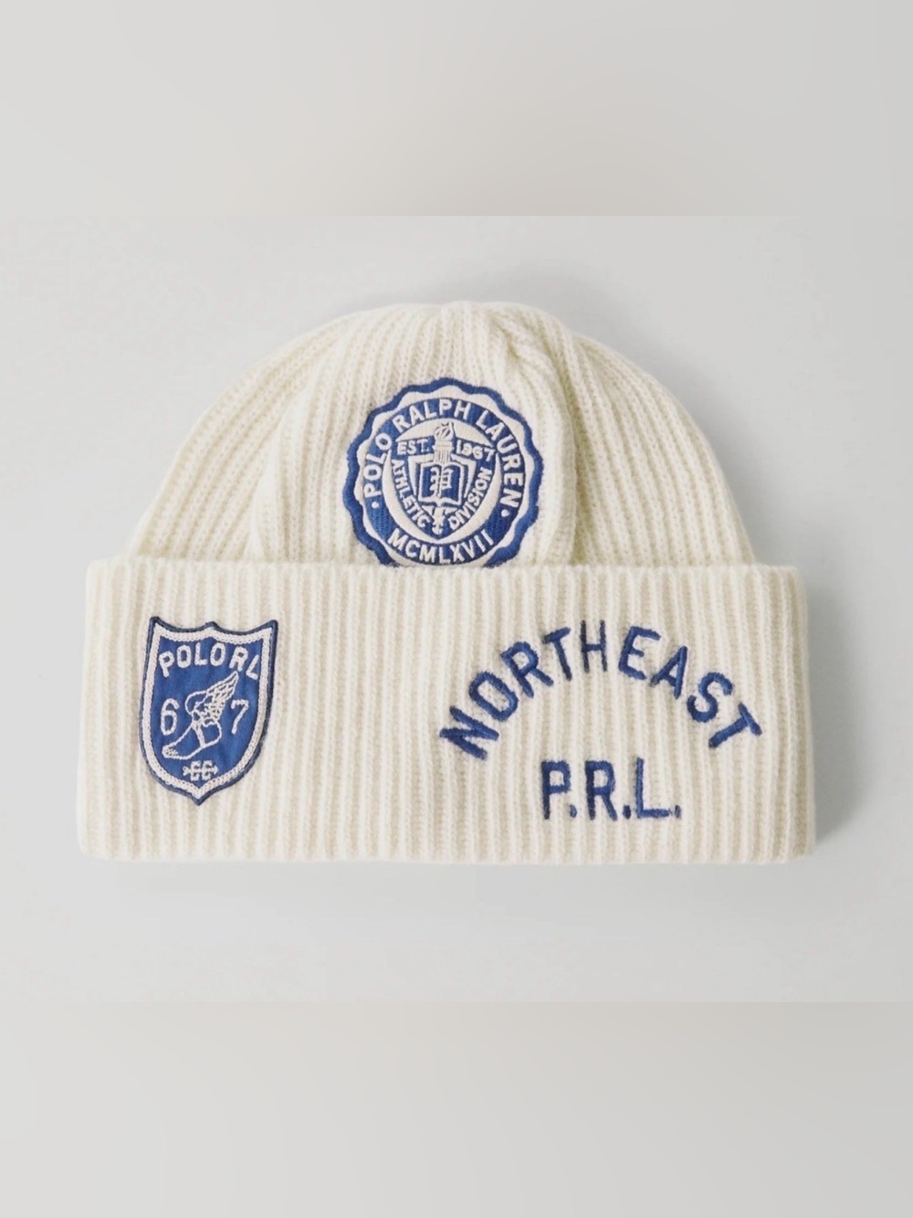 Polo Ralph Lauren Cream WINGED FOOT NORTHEAST PATCH Ribbed Knit Beanie Cap Hat
